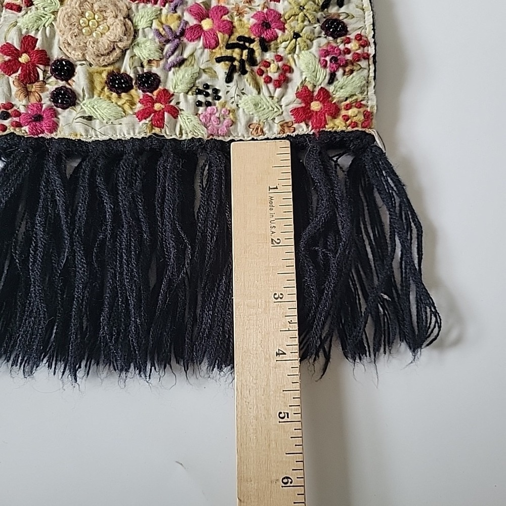 Vintage Wet Seal Fringed Scarf Black Knit Embroidered Flowers Beaded Chic Hippie - Picture 8 of 11